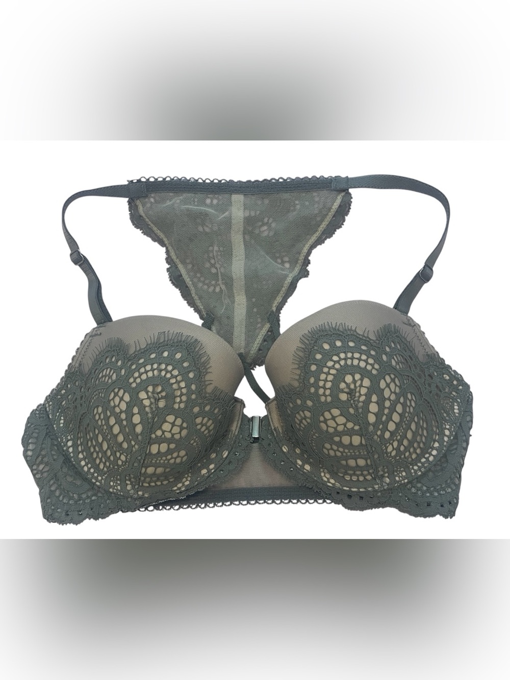 Victoria's Secret Olive Green Lace Front-Close Push-Up Bra & Thong
